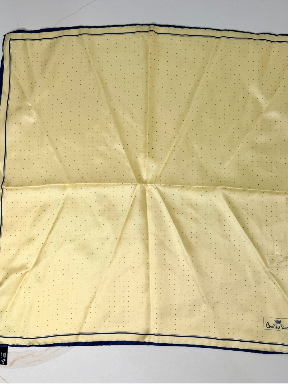 Countess Mara 100% Silk Yellow Polka Dot Pocket Square with Navy Trim - Picture 3 of 4